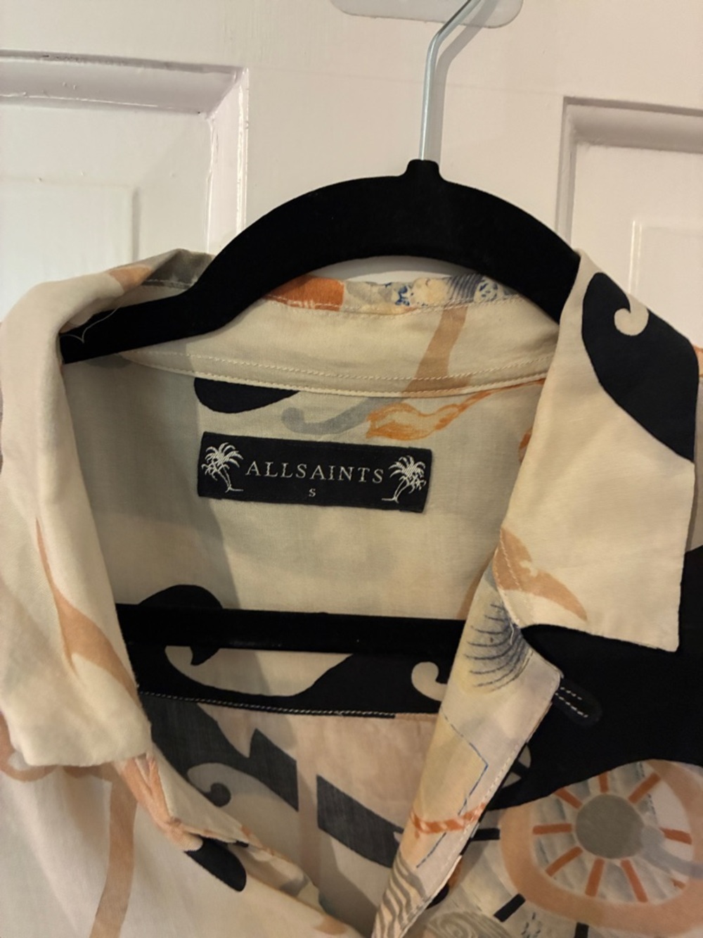 LIKE NEW AllSaints Button-Up Shirt in Cream, Black & Tan Print - Picture 2 of 6